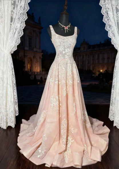 Chic A-Line Blush Pink Prom Dress Satin Appliques Sleeveless Evening Dress DP05076