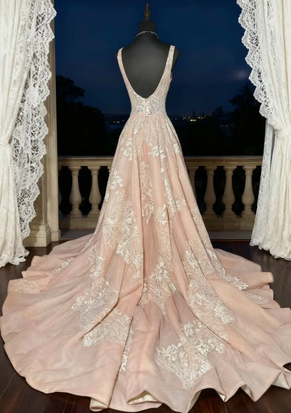 Chic A-Line Blush Pink Prom Dress Satin Appliques Sleeveless Evening Dress DP05076