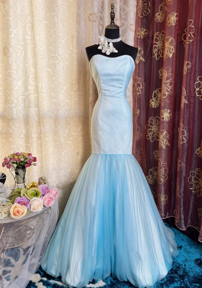 Chic Mermaid Blue Prom Dress Tulle Strapless Satin Sleeveless Evening Dress DP05078