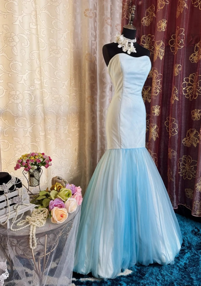 Chic Mermaid Blue Prom Dress Tulle Strapless Satin Sleeveless Evening Dress DP05078