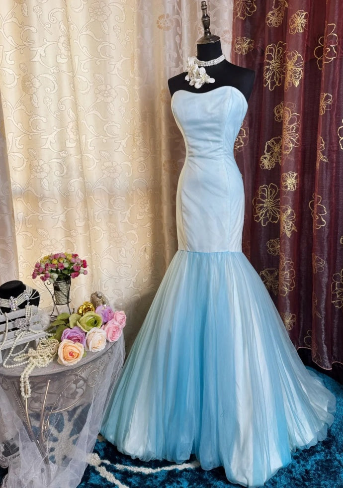 Chic Mermaid Blue Prom Dress Tulle Strapless Satin Sleeveless Evening Dress DP05078