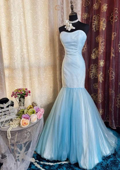 Chic Mermaid Blue Prom Dress Tulle Strapless Satin Sleeveless Evening Dress DP05078