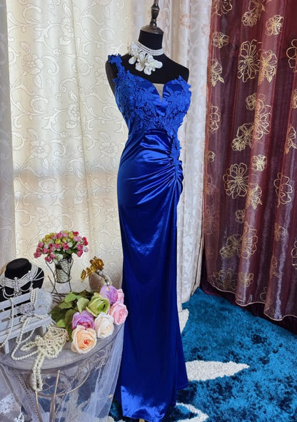 Chic Sheath Royal Blue Prom Dress Appliques Satin Sleeveless Evening Dress DP05079