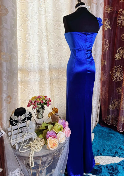 Chic Sheath Royal Blue Prom Dress Appliques Satin Sleeveless Evening Dress DP05079