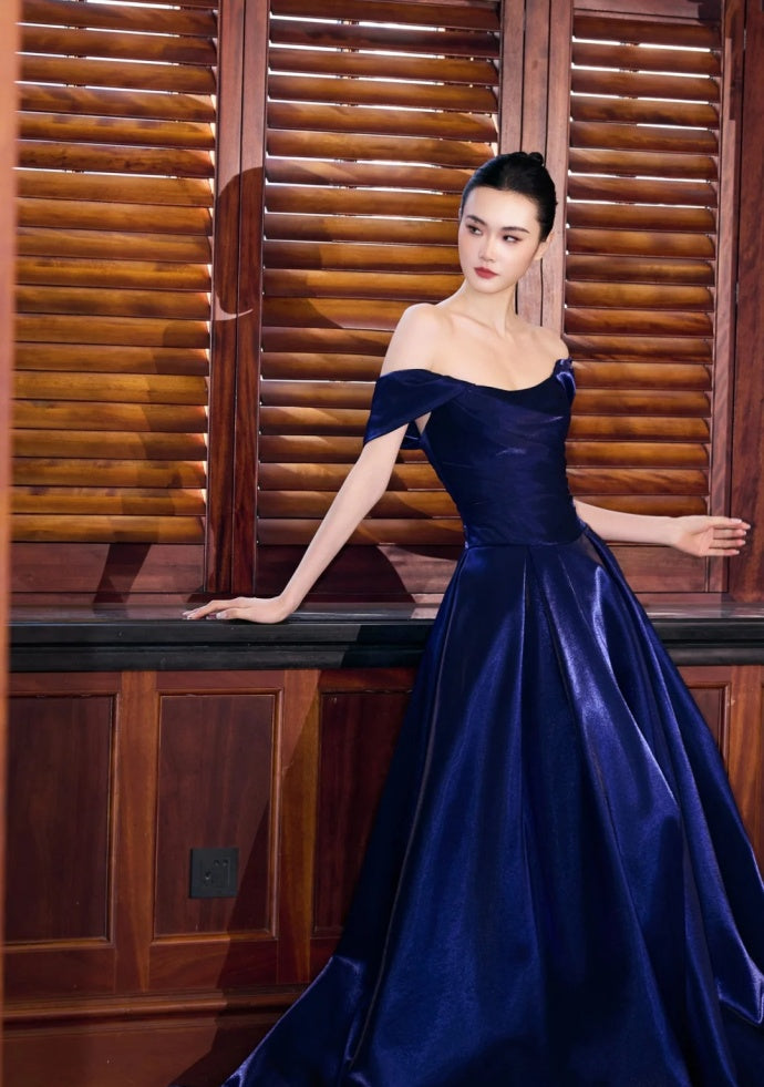 Fairy A-Line Navy Blue Prom Dress Satin Sleeveless Evening Dress  DP05086