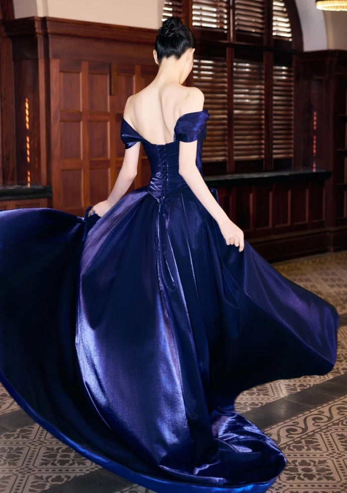 Fairy A-Line Navy Blue Prom Dress Satin Sleeveless Evening Dress  DP05086