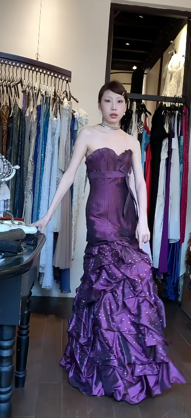 Vintage Purple Prom Dress Satin Strapless A-Line Evening Dress DP05131