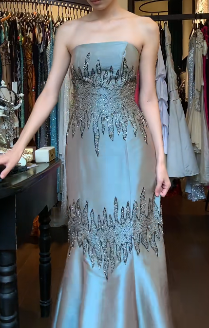 Vintage Gray Green Prom Dress Beaded Satin Strapless Mermaid Evening Dress DP05132