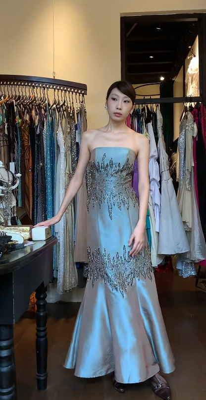 Vintage Gray Green Prom Dress Beaded Satin Strapless Mermaid Evening Dress DP05132