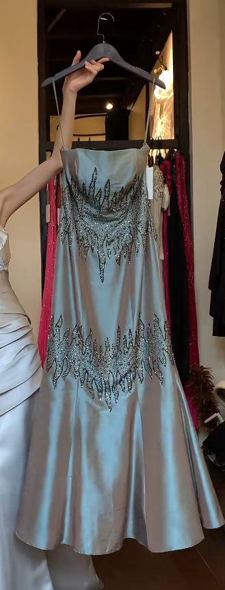 Vintage Gray Green Prom Dress Beaded Satin Strapless Mermaid Evening Dress DP05132