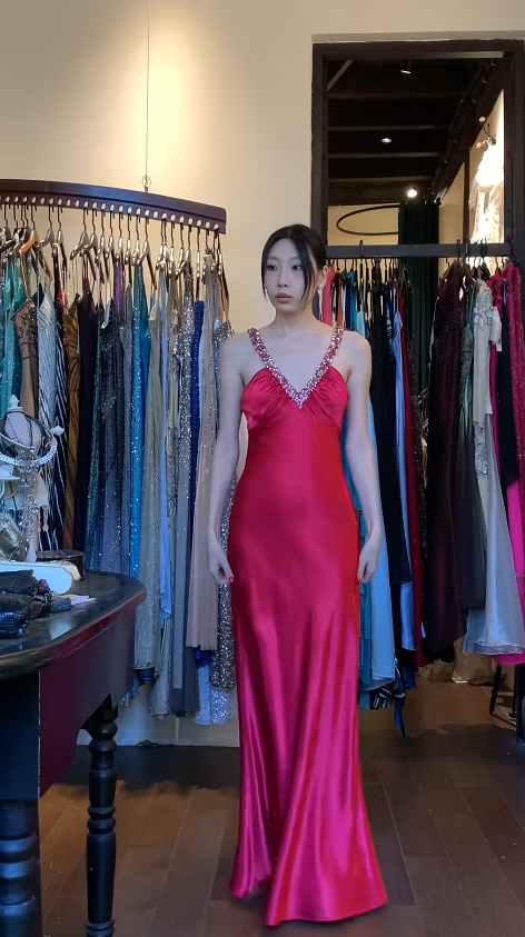 Vintage Hot Pink Prom Dress  Satin V-neck Sheath Evening Dress DP05134