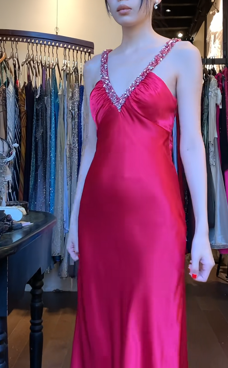Vintage Hot Pink Prom Dress  Satin V-neck Sheath Evening Dress DP05134