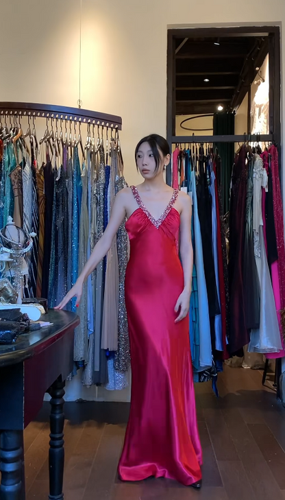 Vintage Hot Pink Prom Dress  Satin V-neck Sheath Evening Dress DP05134