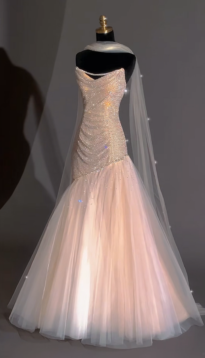Cute Champagne Prom Dress Tulle Mermaid Sleeveless Evening Dress DP05139