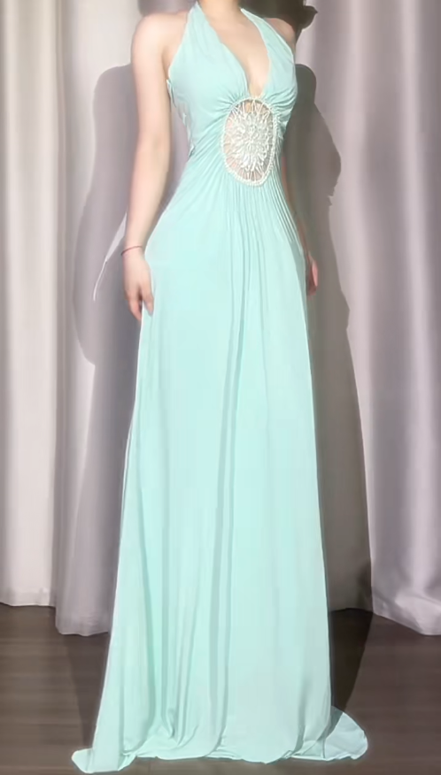 Gorgeous Tiffany Blue Prom Dress Chiffon Sheath Sleeveless Evening Dress DP05141