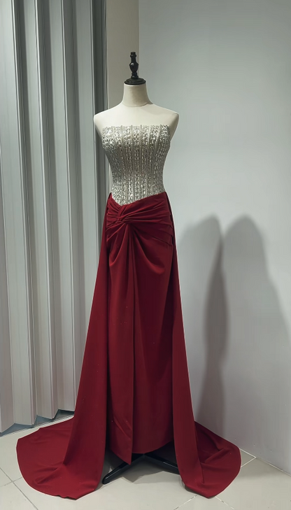 Chic Red Prom Dress Beaded Satin Sheath Sleeveless Evening Dress DP05147
