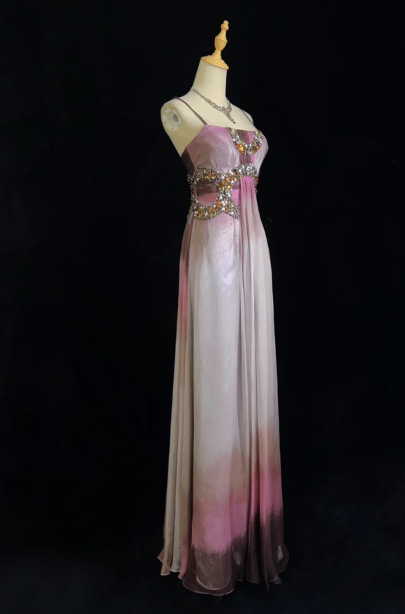 Chic Spaghetti Straps Prom Dress Beaded Tulle Sheath Sleeveless Evening Dress DP05149