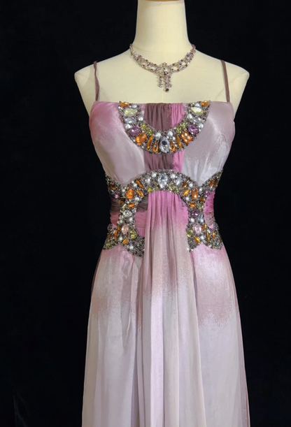 Chic Spaghetti Straps Prom Dress Beaded Tulle Sheath Sleeveless Evening Dress DP05149