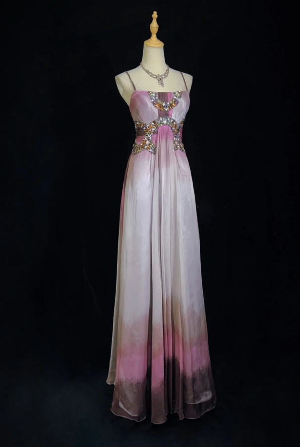 Chic Spaghetti Straps Prom Dress Beaded Tulle Sheath Sleeveless Evening Dress DP05149