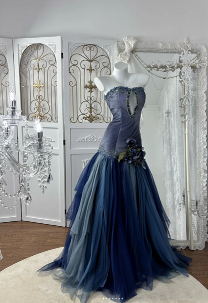 Elegant Navy Blue Prom Dress Chiffon Strapless Evening Dress A-Line Birthday Dress DP05163