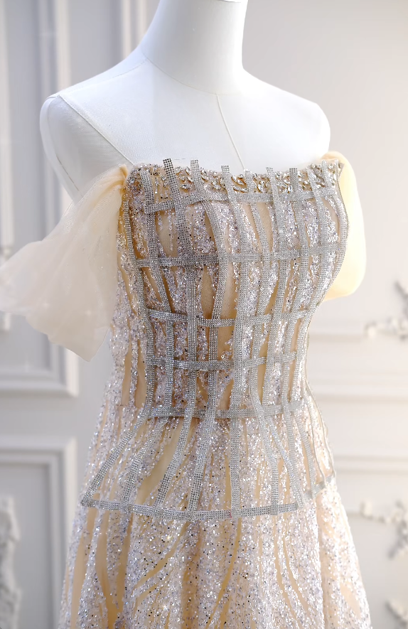 Elegant Champagne Prom Dress Sequins Tulle Evening Dress A-Line Birthday Dress DP05171