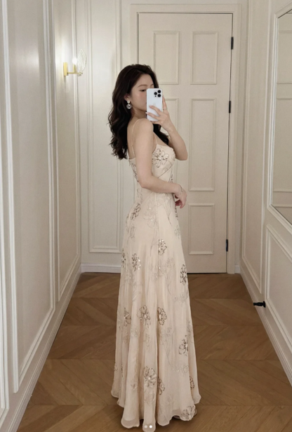 Chic Champagne Prom Dress Chiffon Beaded  Evening Dress Sheath Birthday Dress DP05182