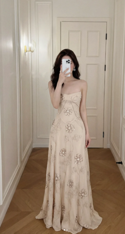 Chic Champagne Prom Dress Chiffon Beaded  Evening Dress Sheath Birthday Dress DP05182