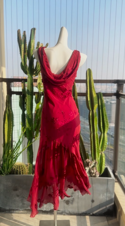 Chic Red Prom Dress Chiffon Beaded Evening Dress Sheath Birthday Dress DP05188