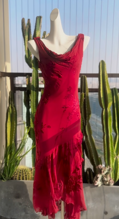Chic Red Prom Dress Chiffon Beaded Evening Dress Sheath Birthday Dress DP05188