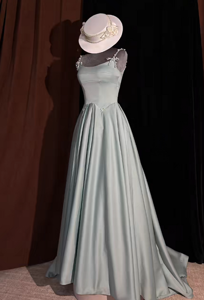 Chic Morandi Blue Prom Dress Satin Spaghetti Straps Evening Dress A-Line Birthday Dress DP05190