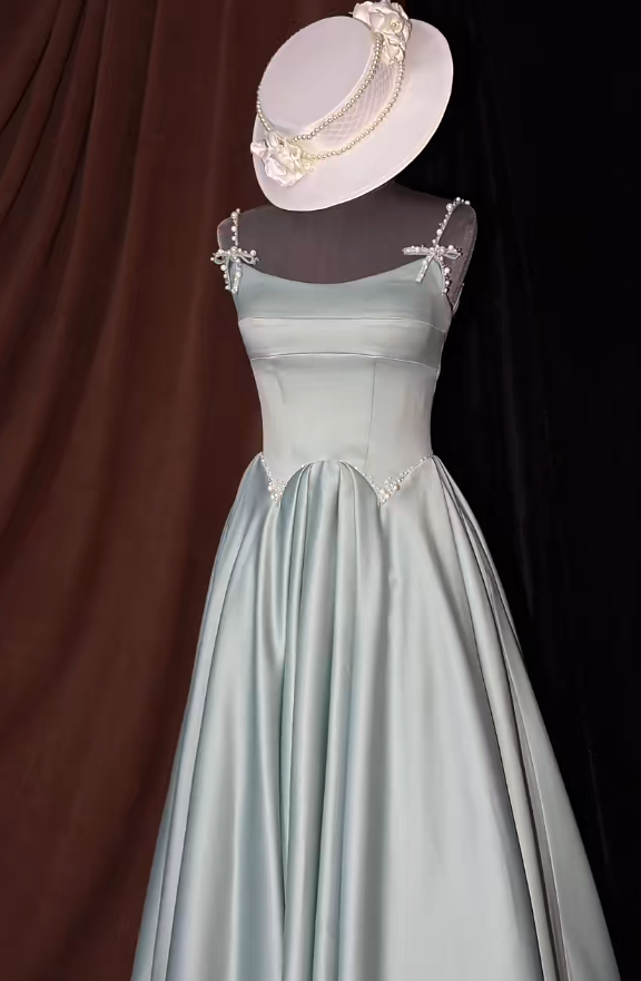 Chic Morandi Blue Prom Dress Satin Spaghetti Straps Evening Dress A-Line Birthday Dress DP05190