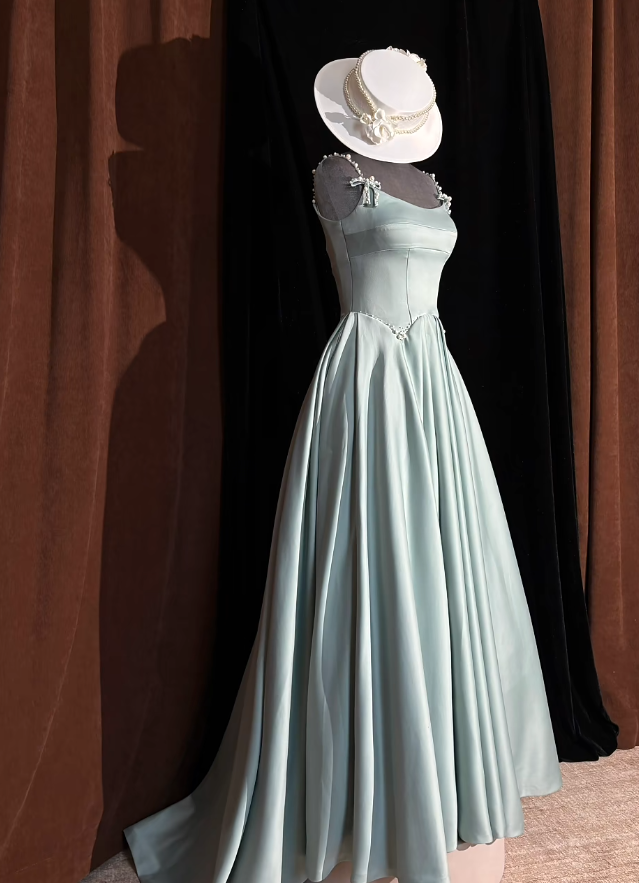 Chic Morandi Blue Prom Dress Satin Spaghetti Straps Evening Dress A-Line Birthday Dress DP05190
