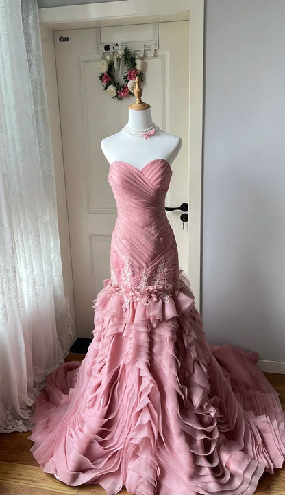 Chic Pink Prom Dress Tulle Sweetheart Evening Dress Sheath Birthday Dress DP05192