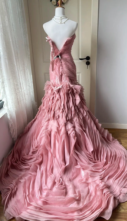 Chic Pink Prom Dress Tulle Sweetheart Evening Dress Sheath Birthday Dress DP05192