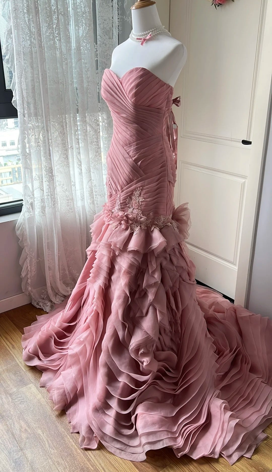 Chic Pink Prom Dress Tulle Sweetheart Evening Dress Sheath Birthday Dress DP05192