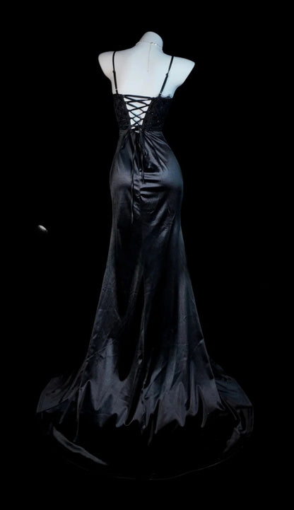 Chic Black Prom Dress Satin Spaghetti Straps Evening Dress Sheath Birthday Dress DP05194