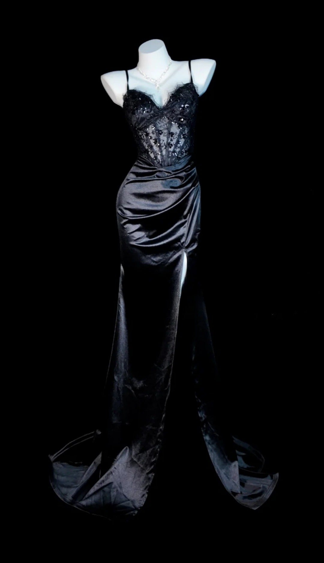 Chic Black Prom Dress Satin Spaghetti Straps Evening Dress Sheath Birthday Dress DP05194