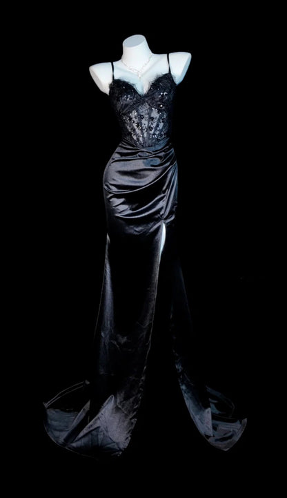 Chic Black Prom Dress Satin Spaghetti Straps Evening Dress Sheath Birthday Dress DP05194