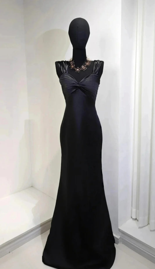 Chic Black Prom Dress Satin Straps Evening Dress Sheath Birthday Dress DP05197