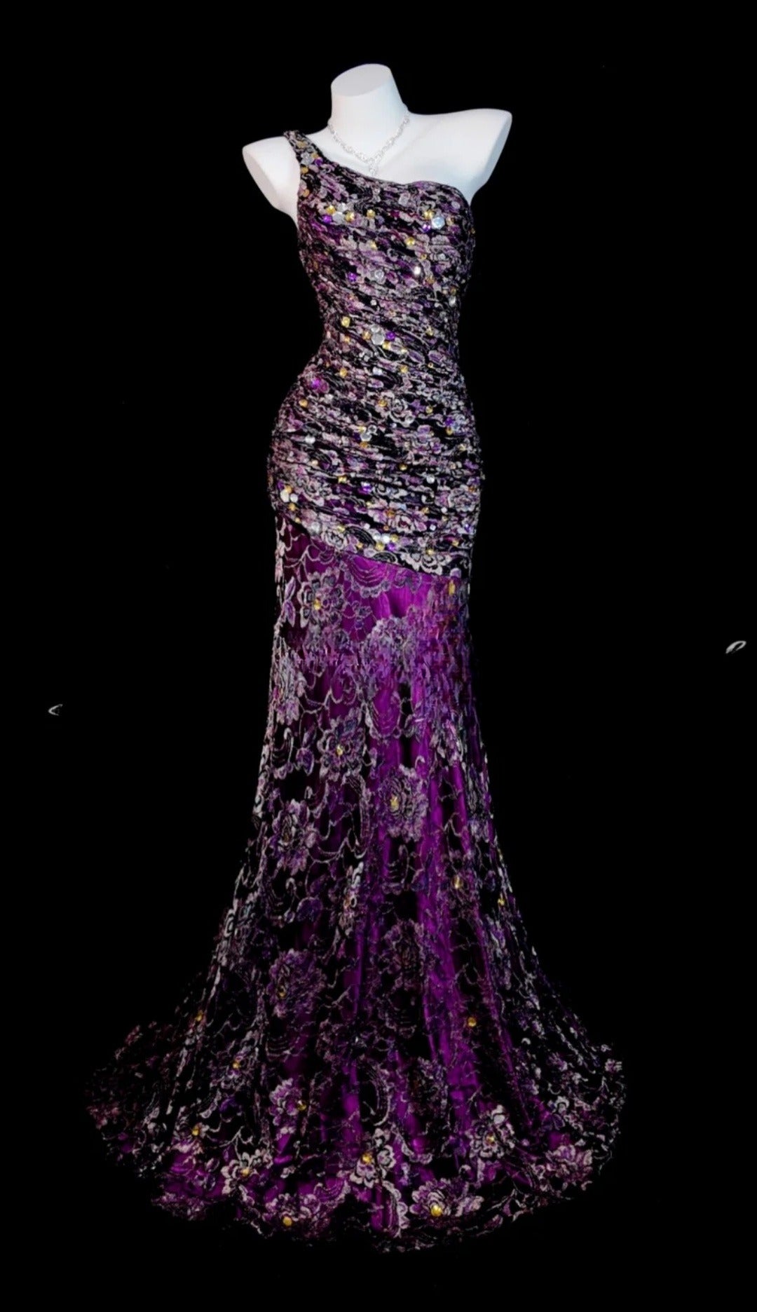 Chic Purple Prom Dress Lace One-shoulder Evening Dress Sheath Birthday Dress DP05199