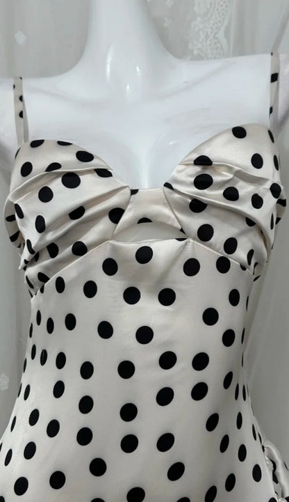 Chic Polka Dot Prom Dress Satin Spaghetti Straps Evening Dress Sheath Birthday Dress DP05200