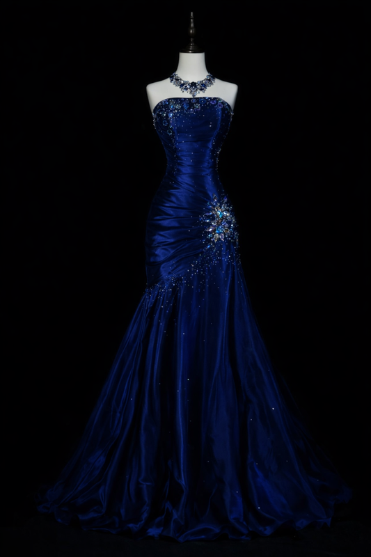 Elegantes marineblaues Satin-Abendkleid, trägerlos, Etuikleid, DP05201