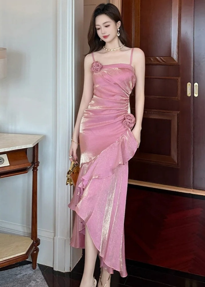 Chic Pink Prom Dress Satin Sheath Spaghetti Straps Evening Dress DP05202