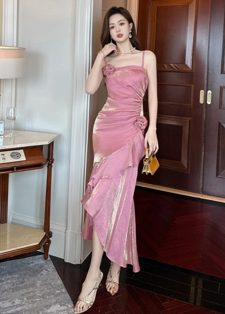 Chic Pink Prom Dress Satin Sheath Spaghetti Straps Evening Dress DP05202