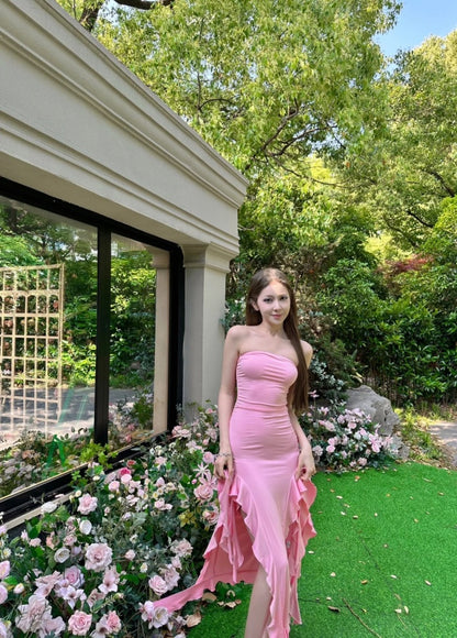 Chic Pink Prom Dress Sheath Strapless Evening Dress Sleeveless Birthday Dress DP05204