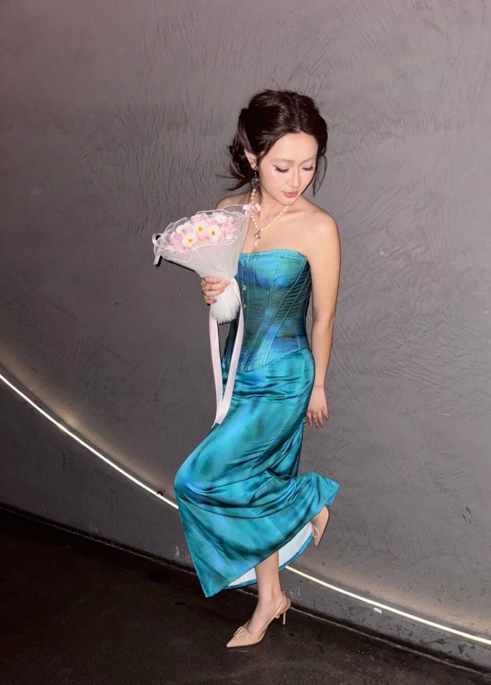 Chic Blue Prom Dress Satin Sheath Strapless Evening Dress Sleeveless Birthday Dress DP05207