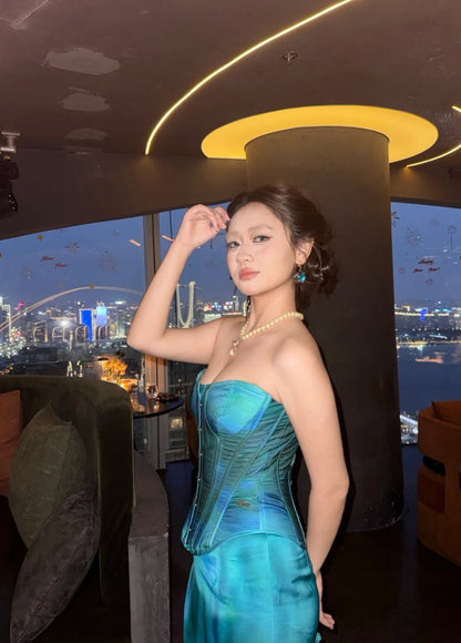 Chic Blue Prom Dress Satin Sheath Strapless Evening Dress Sleeveless Birthday Dress DP05207