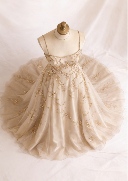 Chic Champagne Prom Dress Beaded Chiffon A-Line Strapless Evening Dress Sleeveless Birthday Dress DP05208