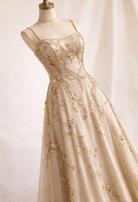 Chic Champagne Prom Dress Beaded Chiffon A-Line Strapless Evening Dress Sleeveless Birthday Dress DP05208