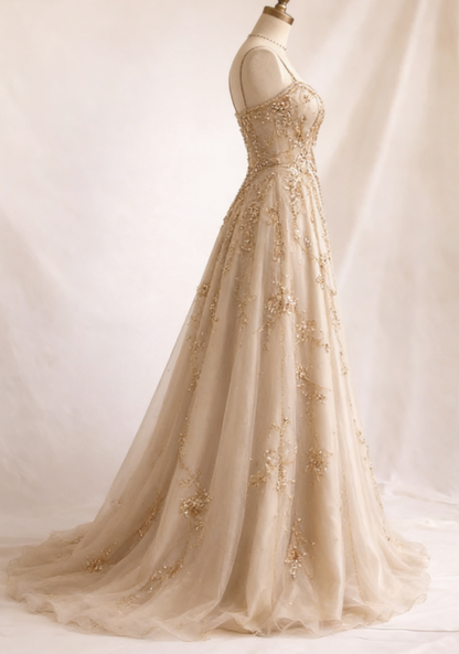 Chic Champagne Prom Dress Beaded Chiffon A-Line Strapless Evening Dress Sleeveless Birthday Dress DP05208